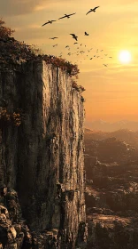 Golden Hour Cliffside Landscape with Birds