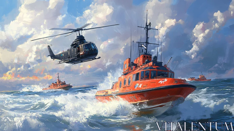 Marine Rescue Painting with Lifeboats and Helicopter AI Image