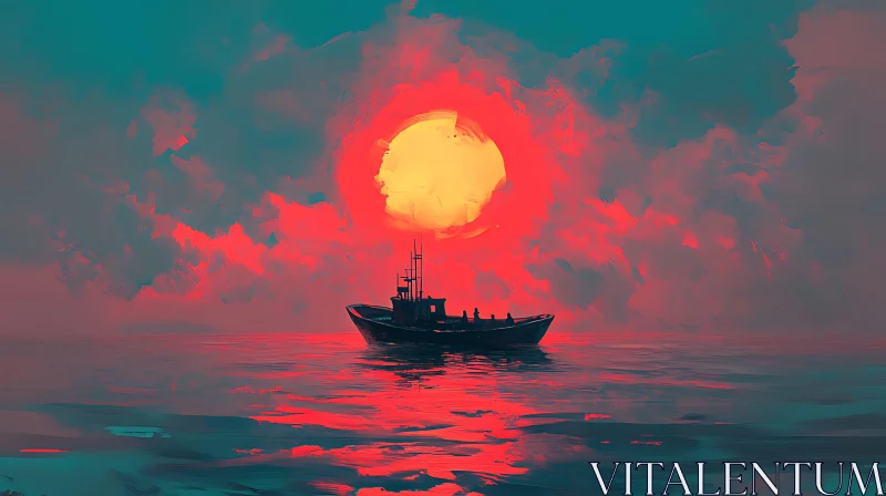 Tranquil Boat in Fiery Sunset AI Image