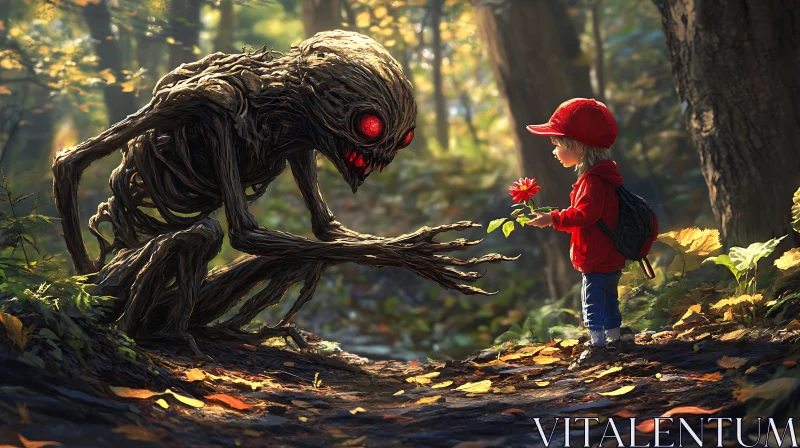 Chilling Forest Interaction with Creature and Child AI Image