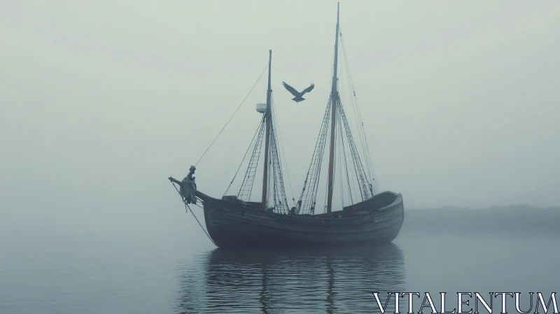 Serene Boat in Foggy Waters AI Image