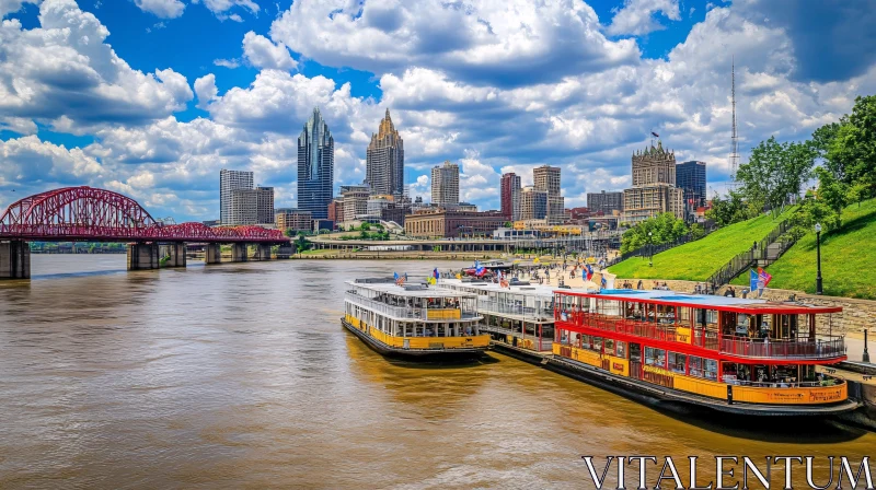 Urban Riverfront Scene with Skyline and Boats AI Image