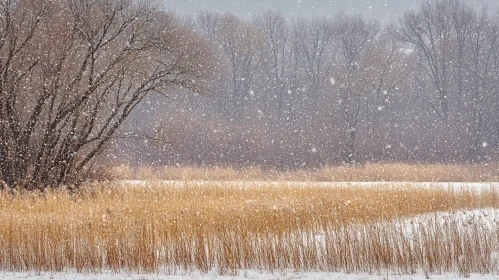 Calm Winter Scene with Snowy Trees and Field