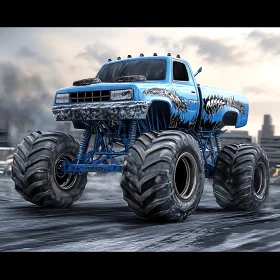 Colossal Blue Monster Truck in Urban Setting