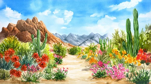 Colorful Desert Scene with Mountains and Blooming Flowers