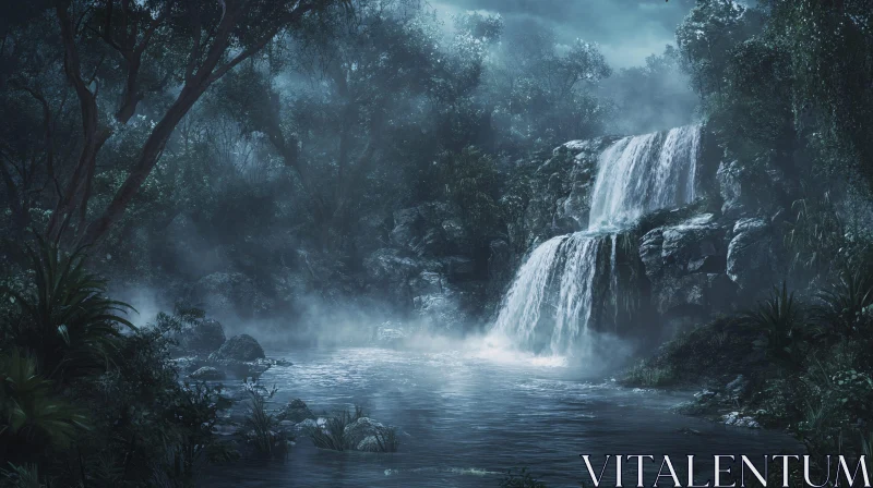 AI ART Mystical Waterfall Amidst Lush Forest