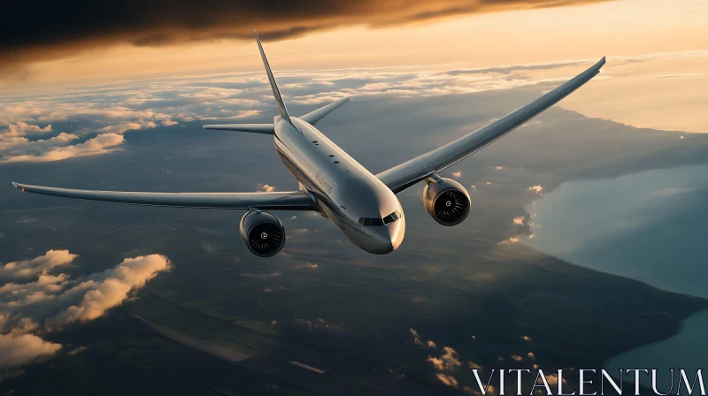 Airplane in the Golden Hour Sky AI Image