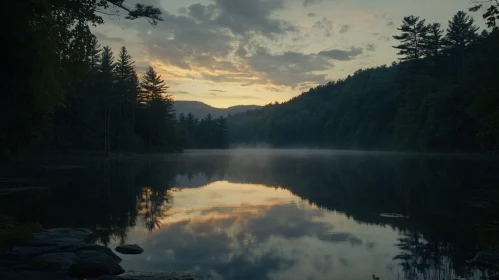 Peaceful Sunset Over a Forest Lake