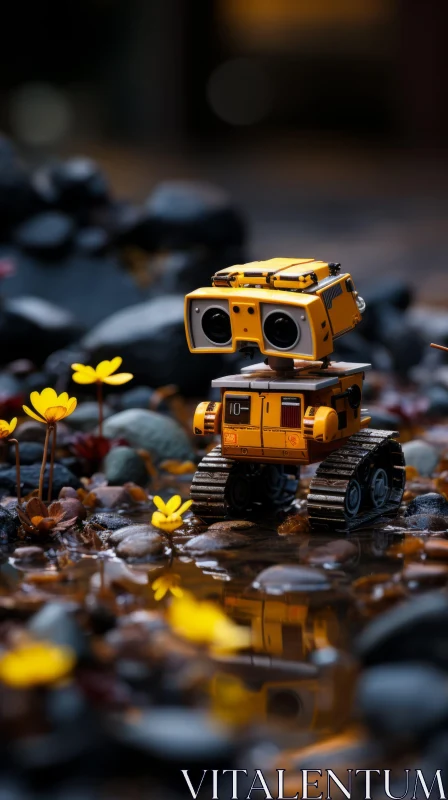 Wall-E Inspired Yellow Robot Exploring Nature AI Image