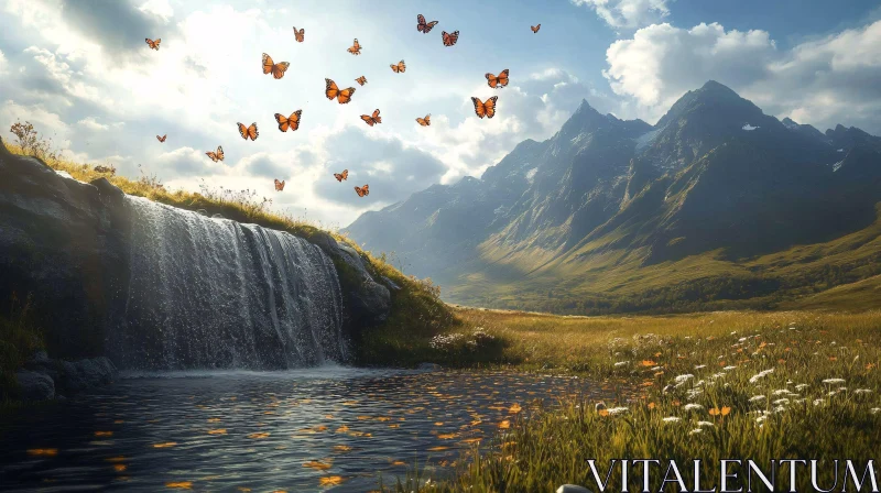 AI ART Peaceful Nature Scene with Waterfall and Butterflies