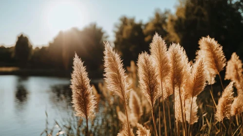 Golden Sunset with Reeds by Lake