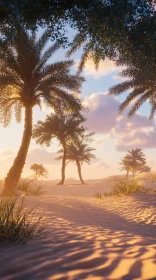 Tranquil Desert with Palm Trees in Golden Hour