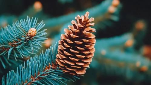 Detailed Pine Cone on Green Fir Tree