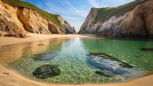 Scenic Beach Scene with Majestic Cliffs and Crystal-Clear Water