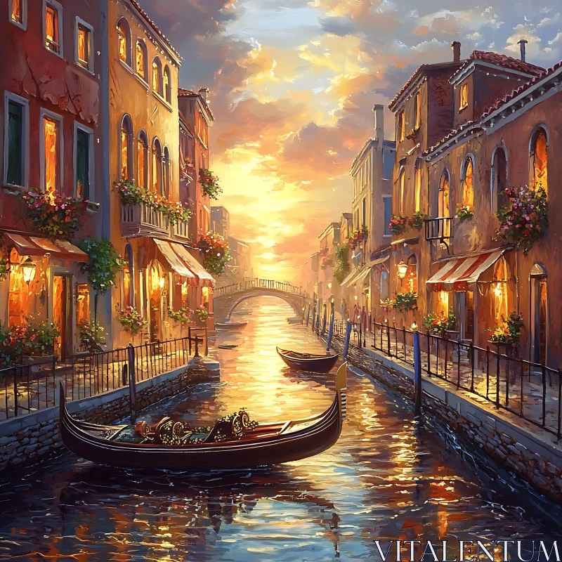 AI ART Venetian Sunset: Tranquil Canals and Gondolas