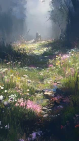 Serene Forest Scene with Sunlit Wildflowers