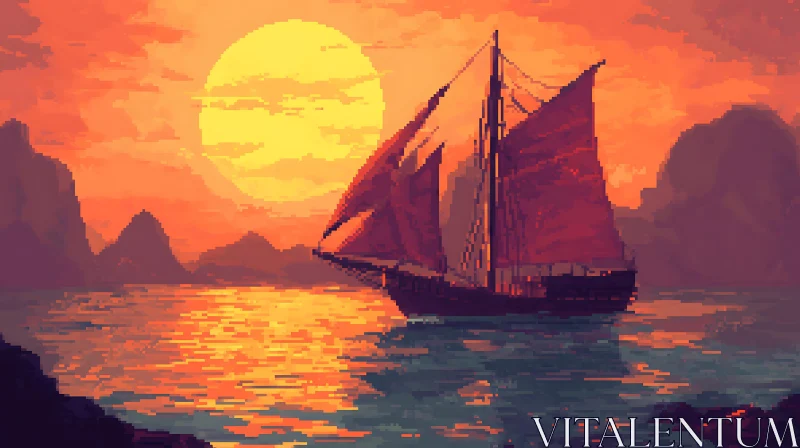 Pixel Art Scene of a Boat at Sunset AI Image