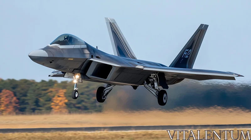 Sleek Military Aircraft on Runway amidst Autumn Colors AI Image