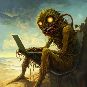 Horrific Creature on Beach with Laptop