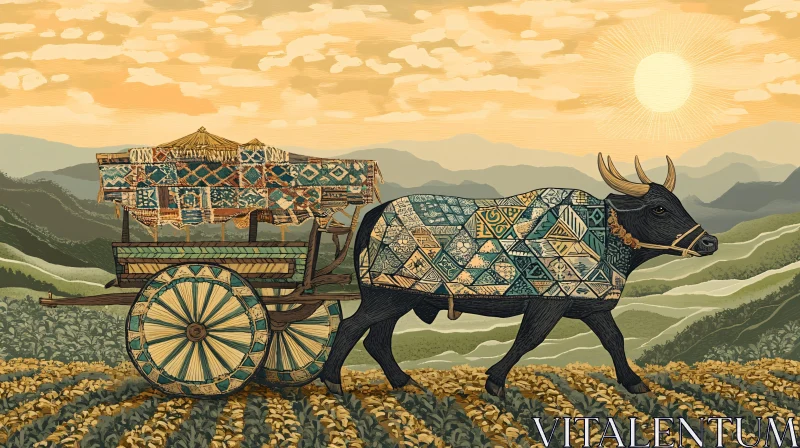 Artistic Rural Scene with Quilted Cow and Cart AI Image