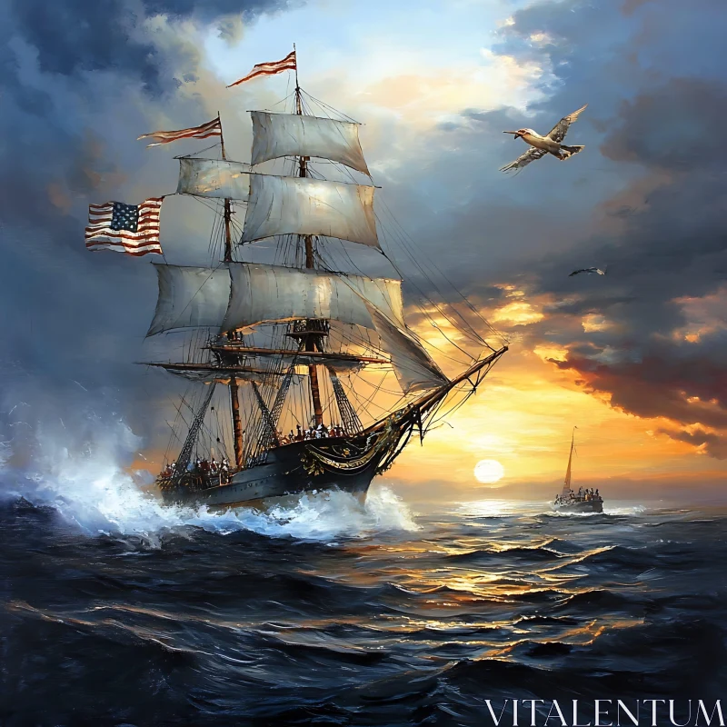 Sailing Ship in Sunlit Stormy Seas AI Image