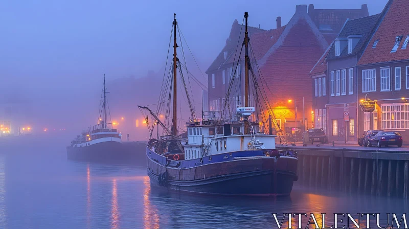 Foggy Night at the Harbor AI Image