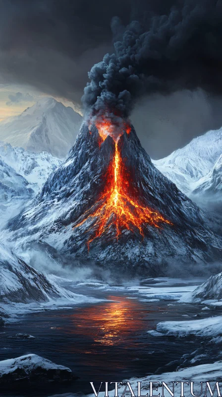 AI ART Eruption of Fiery Volcano in Icy Terrain