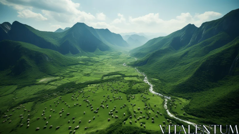 Pastoral Scenes of Green Valleys and Majestic Elephants AI Image