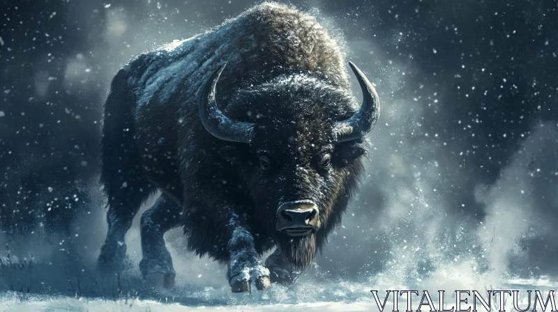 Powerful Buffalo in Winter Snowstorm AI Image