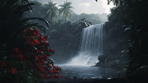 Tropical Jungle Scene with Waterfall