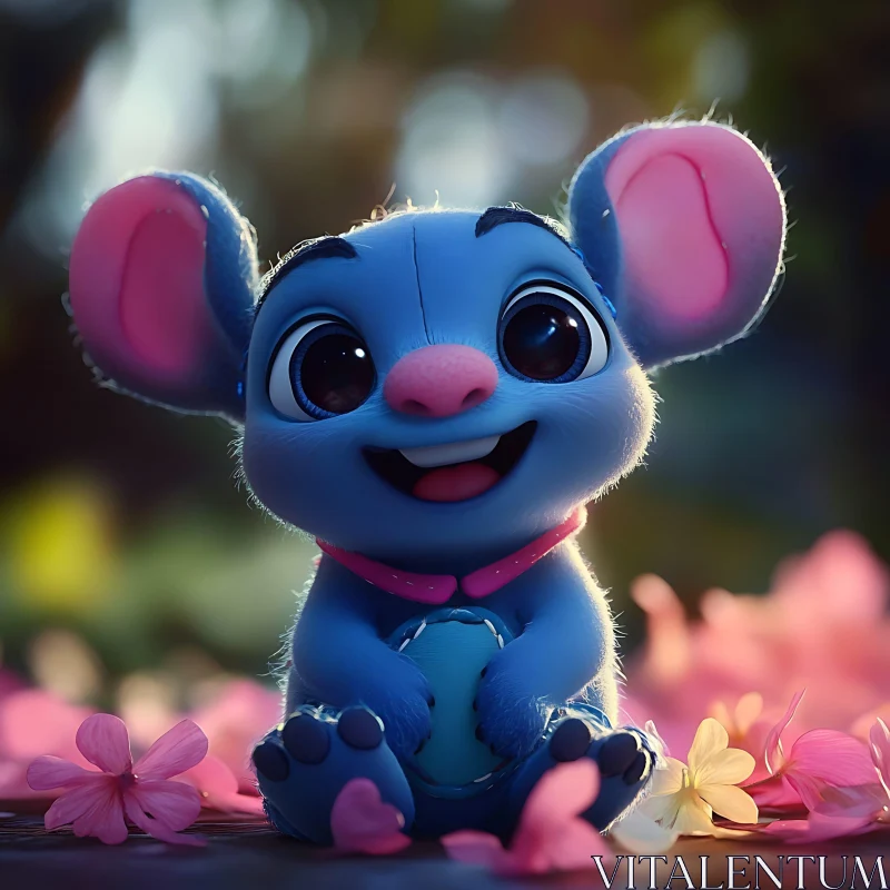 Cute Blue Cartoon with Pink Ears AI Image