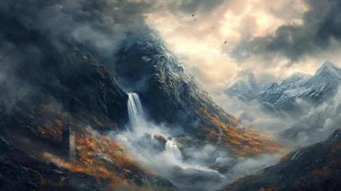 Serene Mountain Scene with Tower and Birds