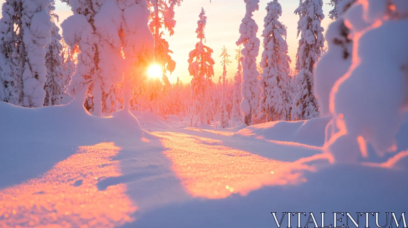 AI ART Golden Winter Sunset in Snowy Forest