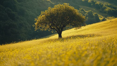 Solitary Tree in Blooming Yellow Field