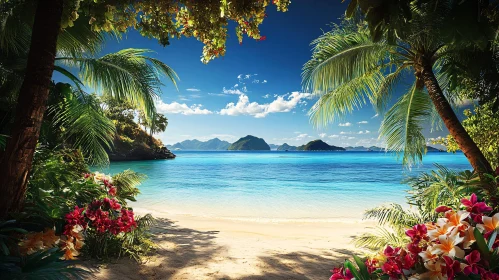 Idyllic Island Beach Scene with Palms and Blossoms