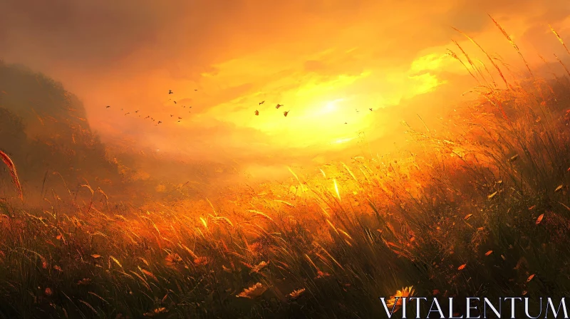 AI ART Warm Sunset Over a Tranquil Field