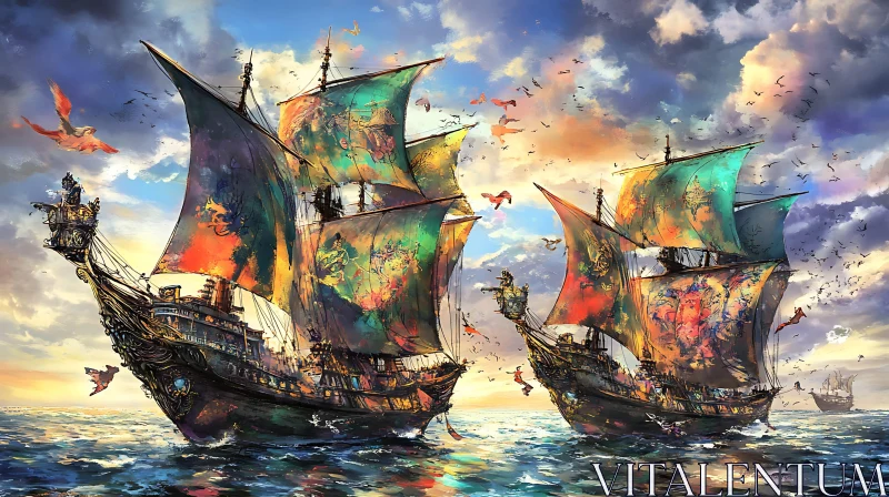 Majestic Ships with Artistic Sails at Sunset AI Image