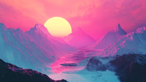 Surreal Mountain Sunset in Pink Sky