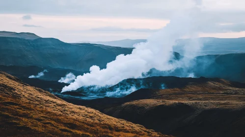 Steam Emitting Volcanic Terrain at Dusk