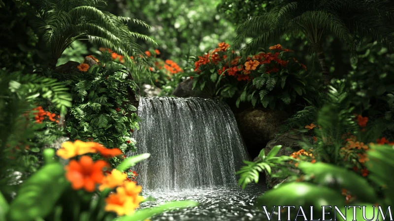 AI ART Serene Tropical Waterfall with Orange Flowers and Green Foliage