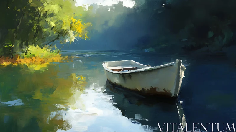 Tranquil River with Floating White Boat AI Image