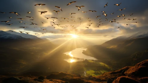 Birds Over Scottish Mountains in Golden Sunrise