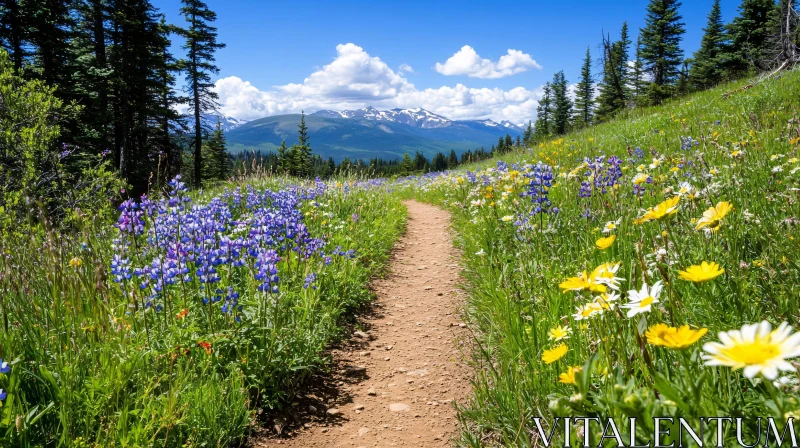 Idyllic Meadow Path with Wildflowers and Mountain View AI Image