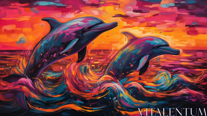 Colorful Dolphin Duo at Sunset: Oceanic Art Illustration AI Image
