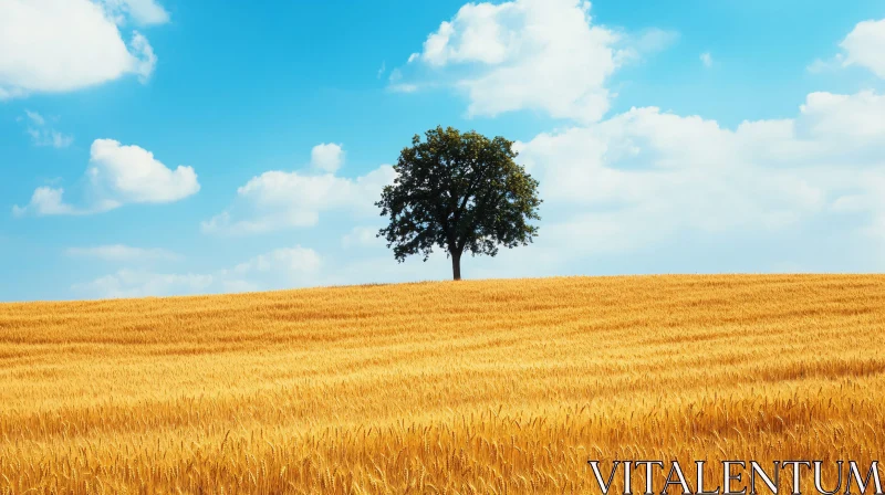 Golden Wheat Field with a Lone Tree and Blue Sky AI Image