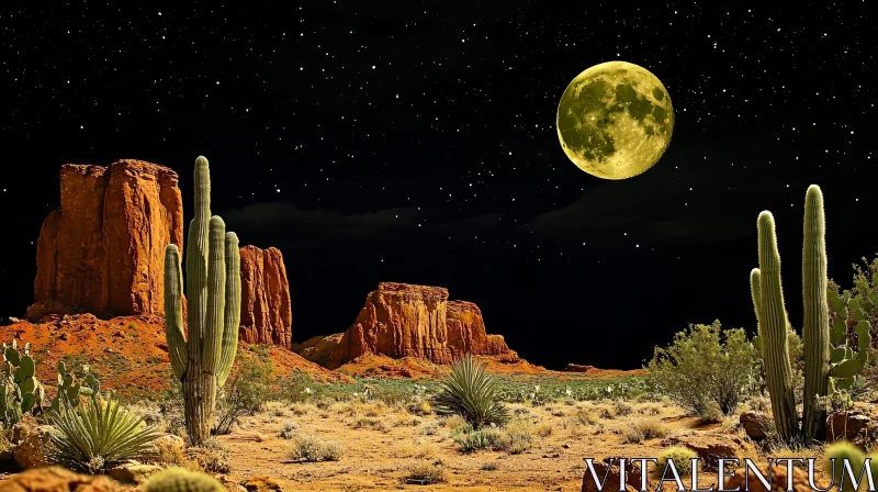 Starry Night Over Desert with Moon and Cacti AI Image