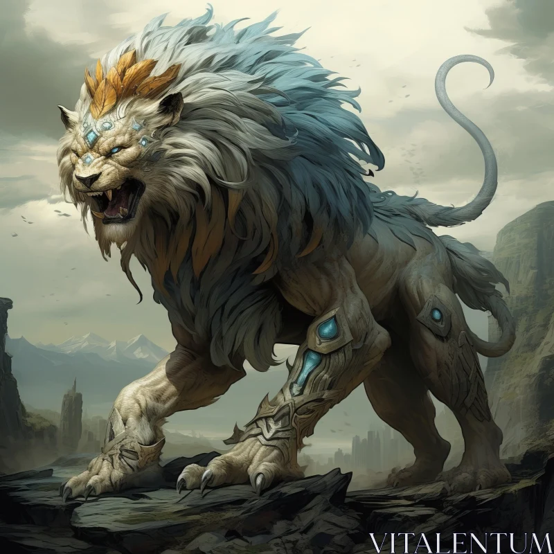 Fantasy-Inspired Majestic Lion in a Rocky Landscape AI Image