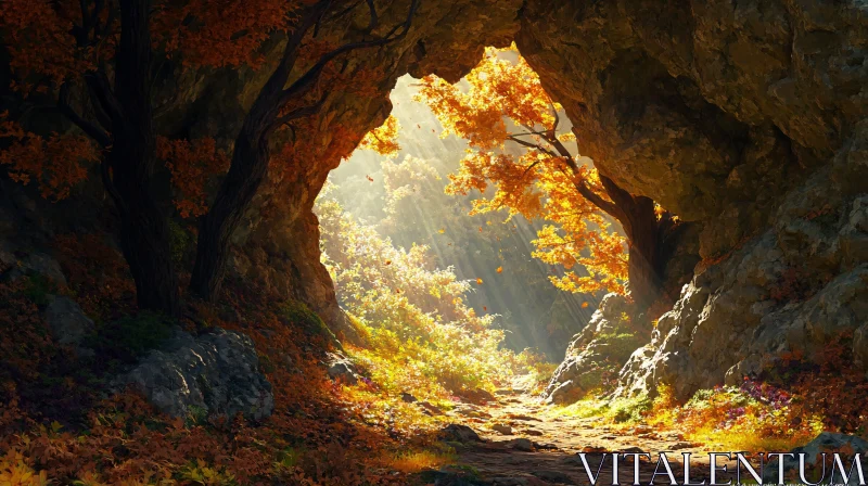 Sunlit Path in Autumn Cave AI Image