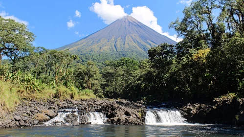 Picturesque Volcano and Forest with Waterfall