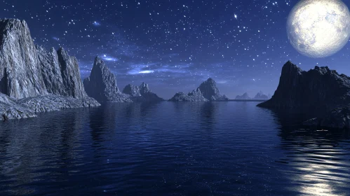 Nighttime Tranquil Lake under Starry Sky